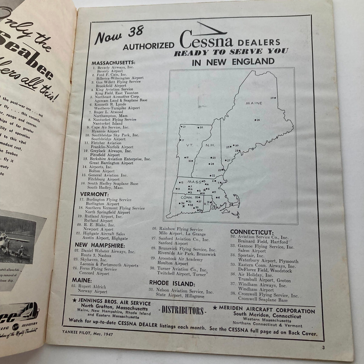 Inside page of VTG Yankee Pilot Magazine May 1947 displaying a map of authorized Cessna dealers in New England, contributing to the historical aviation content of the magazine.