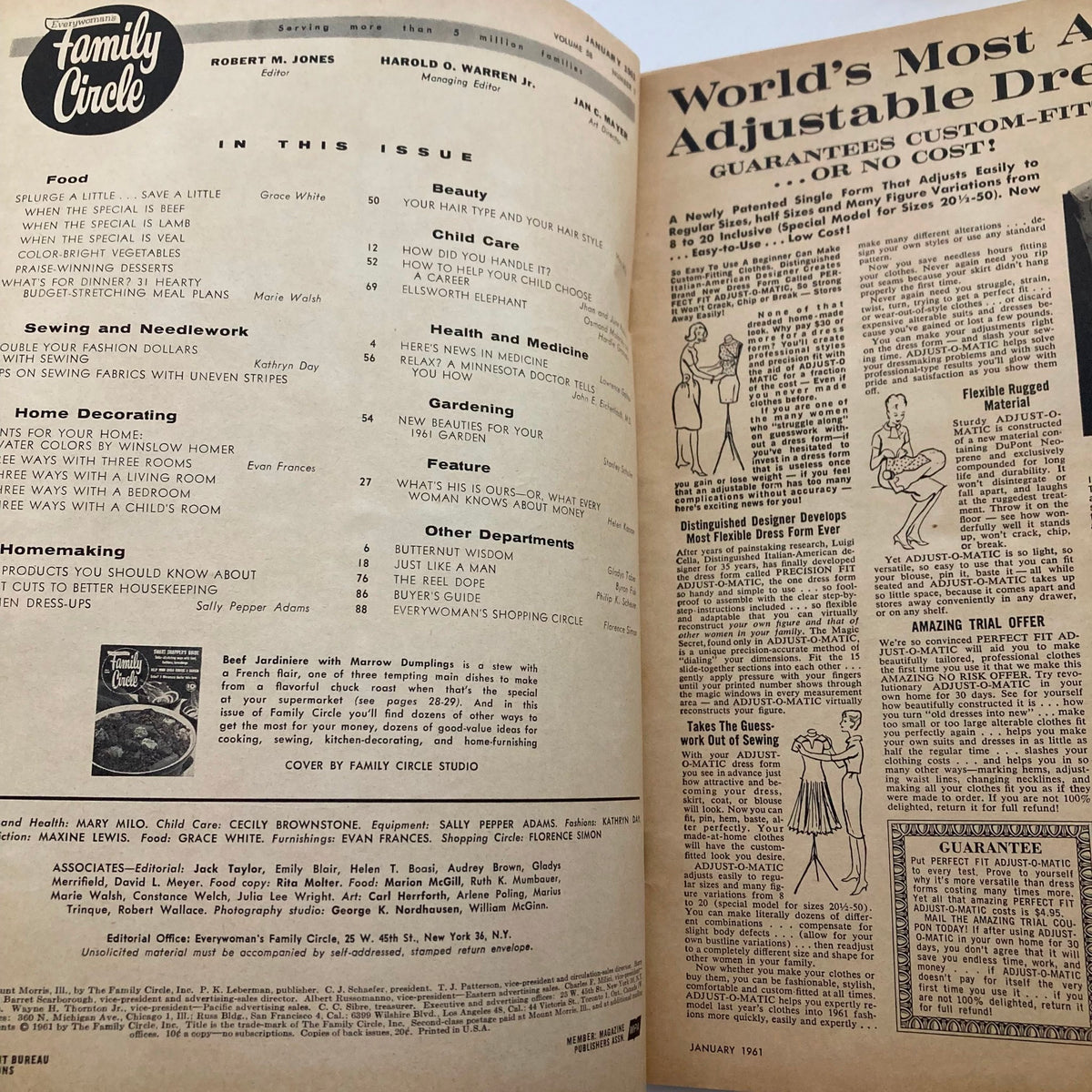 Interior page of VTG Family Circle Magazine January 1961 showcasing the table of contents with topics on food, health, and homemaking, reflecting the mid-century lifestyle and shopping guide features.