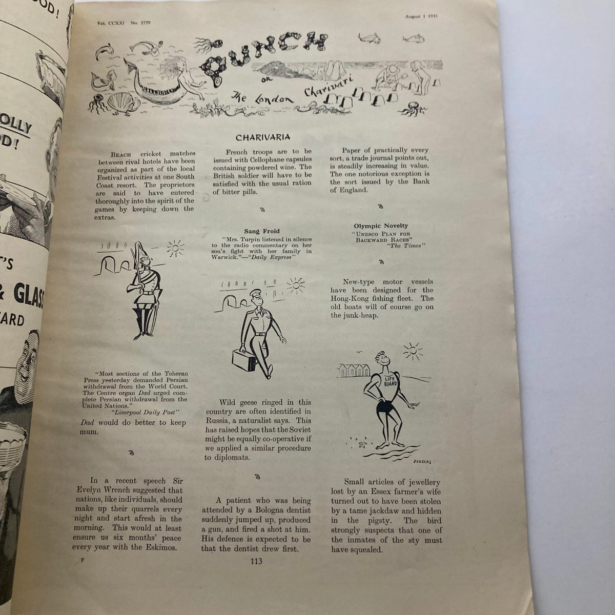 Inside page of VTG Punch Magazine August 1, 1951, Vol 221 No. 5779 featuring humorous cartoons and illustrations reflecting post-WWII British culture.