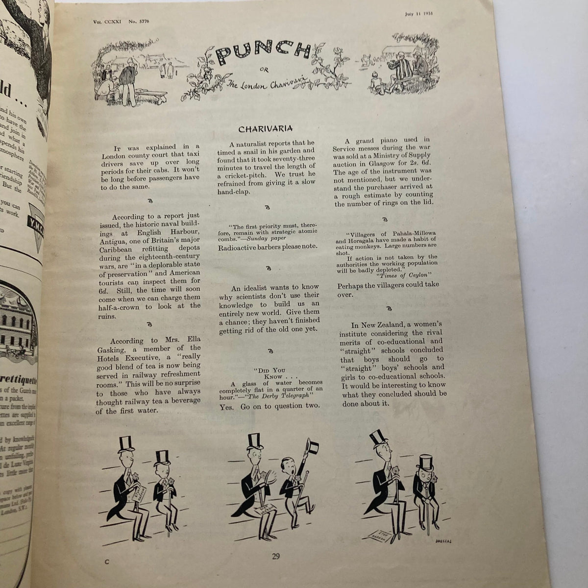 Interior page of Punch Magazine July 19, 1951, Volume 221, No. 5776 featuring satirical articles and illustrations from the early 1950s.