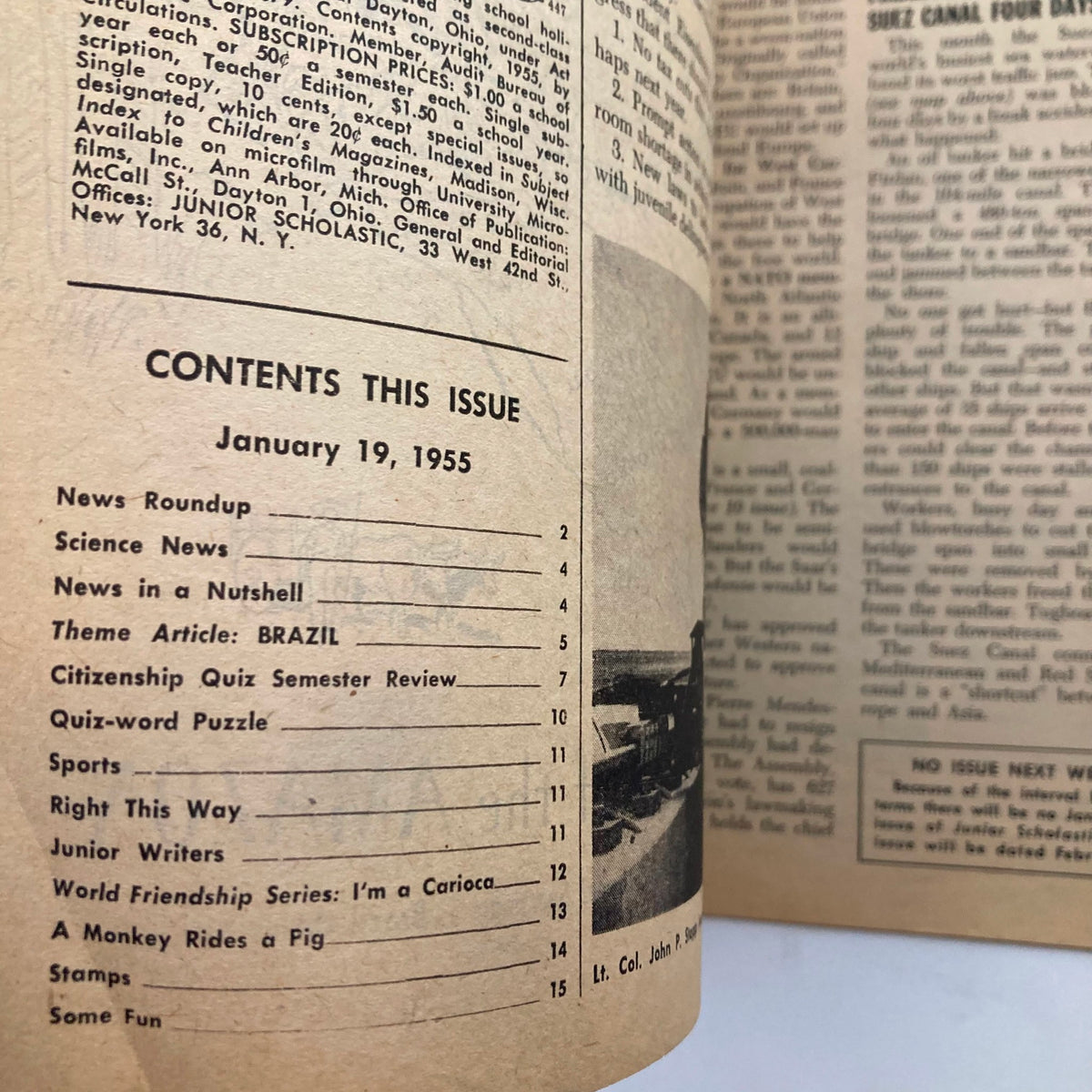 Contents page of the VTG Junior Scholastic Magazine January 19, 1955, showcasing articles like 'Science News', 'Theme Article: BRAZIL', and 'Junior Writers: I’m a Carioca', reflecting educational themes of the 1950s.