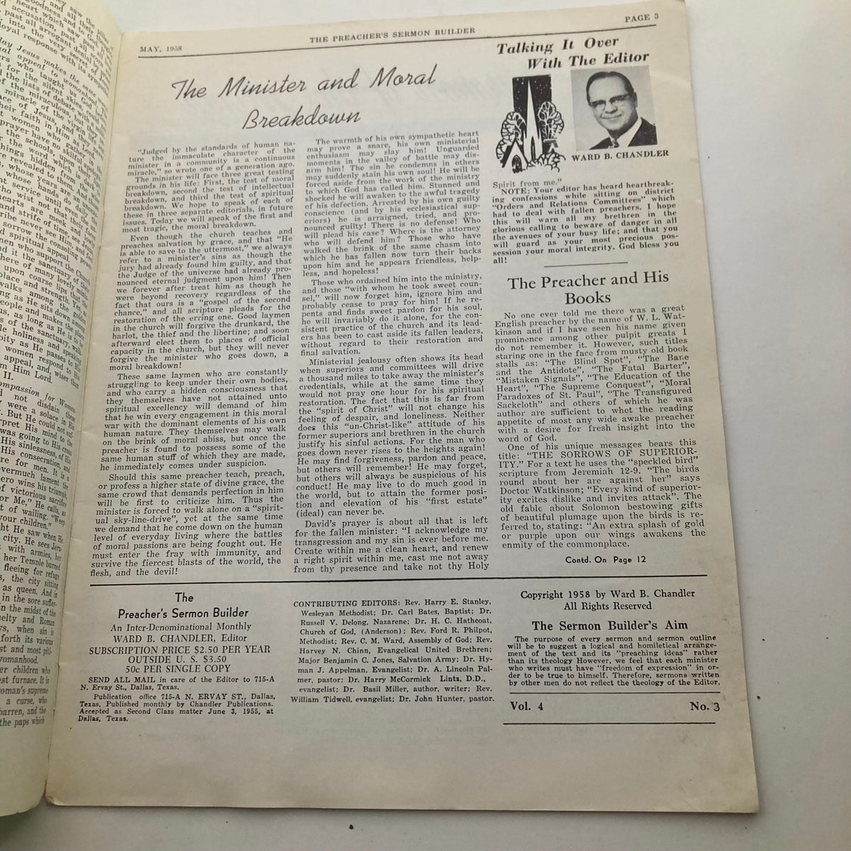 Interior page of The Preacher's Sermon Builder Magazine, May 1958, featuring articles on moral breakdown and insights from the editor, Ward B. Chandler, along with a summary of themes within the publication.