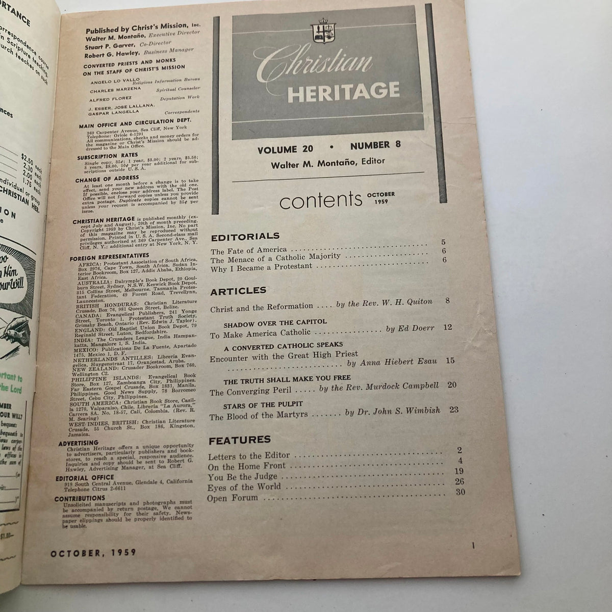 Interior page of VTG Christian Heritage Magazine October 1959 showing the table of contents, listing articles and features including "The Menace of a Catholic Majority" and "The Truth Shall Make You Free."