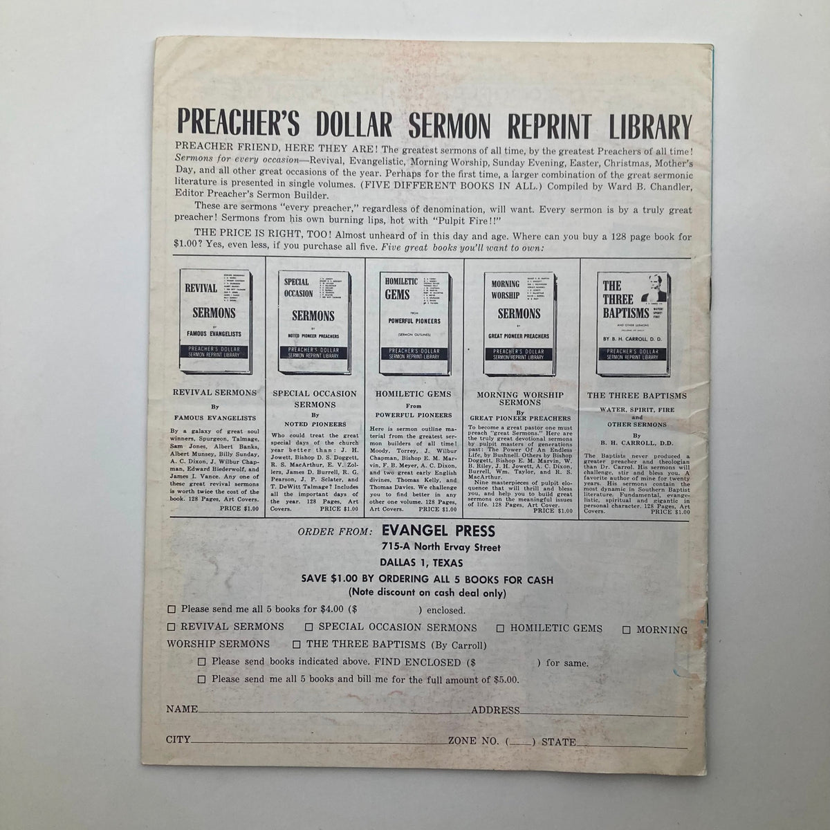 Back cover of VTG The Preacher's Sermon Builder Magazine from February 1958 featuring advertisements for sermon reprint collections available for purchase, aimed at preachers and religious leaders.