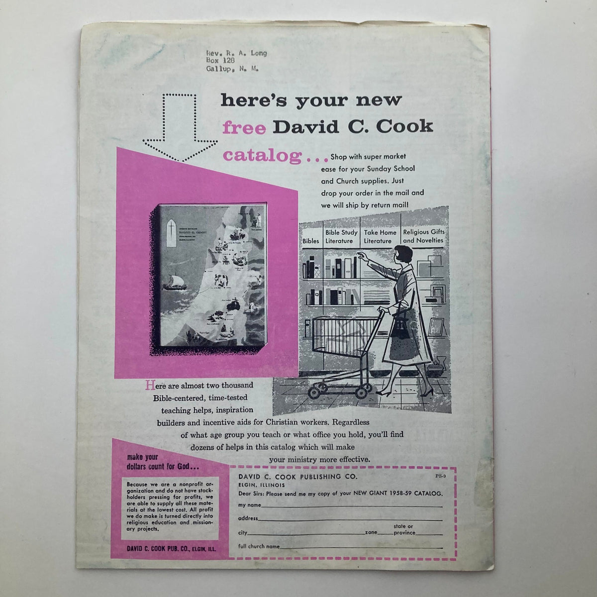Back cover of VTG The Preacher's Sermon Builder Magazine September 1958 advertising a free David C. Cook catalog for church supplies.