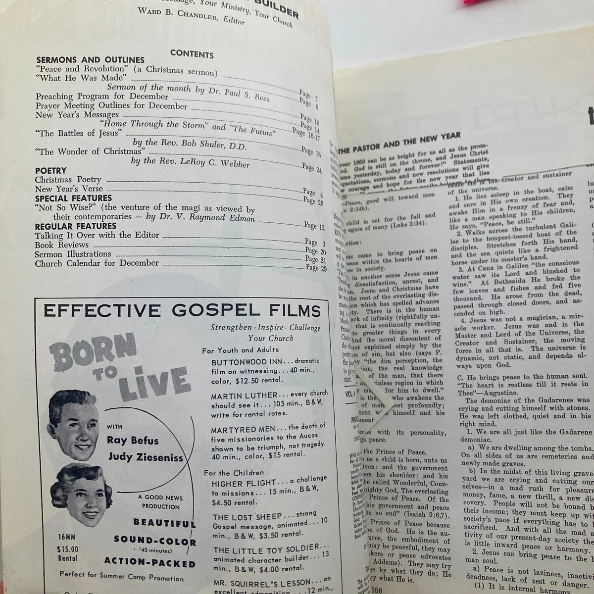 Interior page of the VTG Preacher's Sermon Builder Magazine December 1958, displaying contents and sermon outlines including the featured sermon by Dr. Paul S. Rees.
