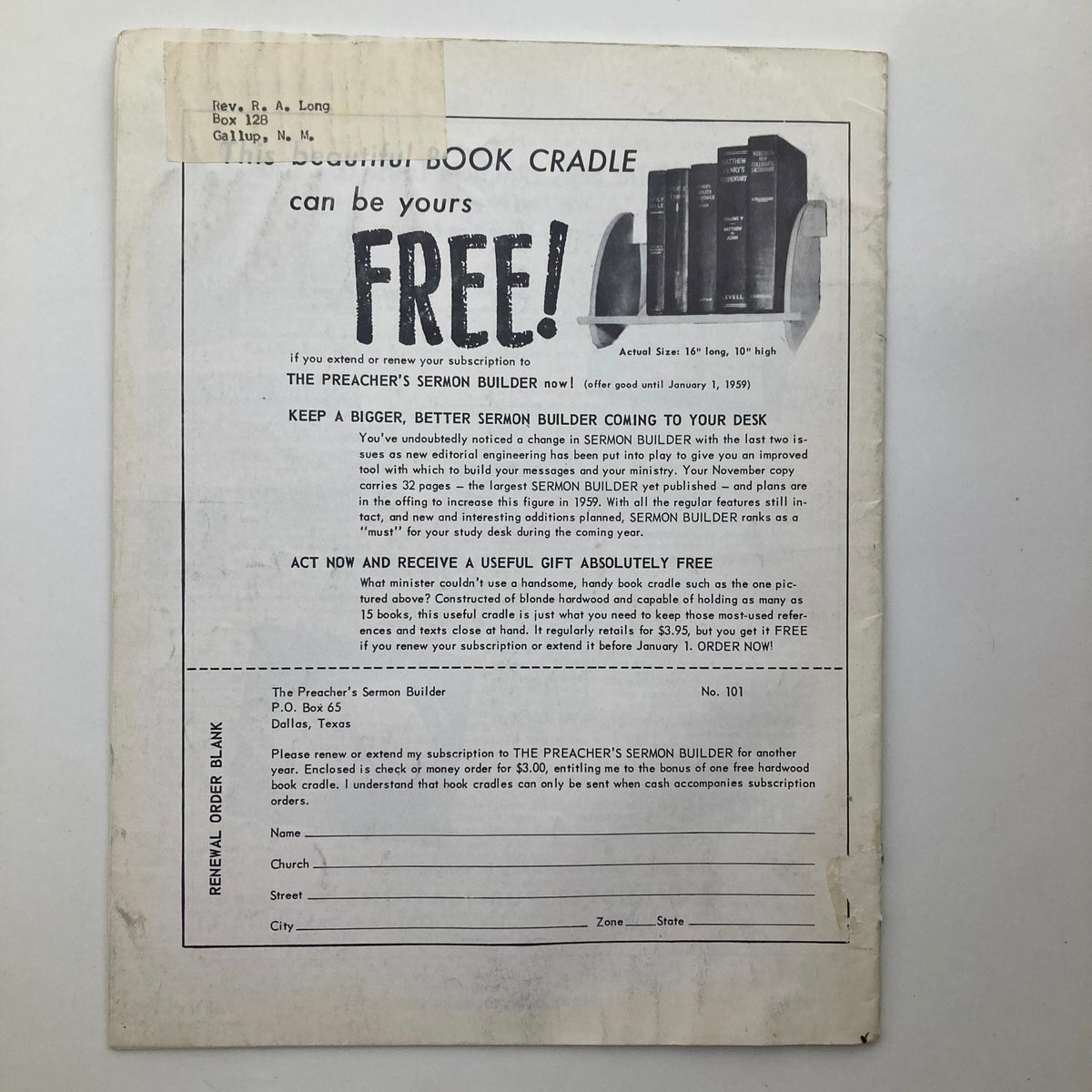 Back cover of the VTG Preacher's Sermon Builder Magazine December 1958 featuring a subscription renewal offer and detailed information about the magazine's enhancements and features.
