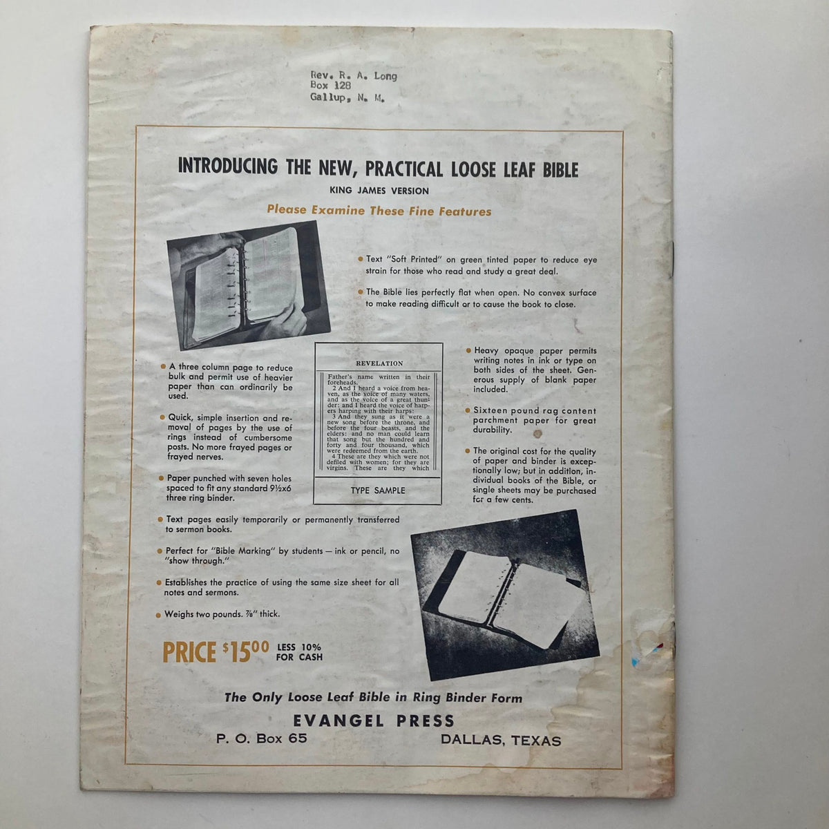 Back cover of VTG The Preacher's Sermon Builder Magazine October 1958 featuring an advertisement for a practical loose leaf Bible.