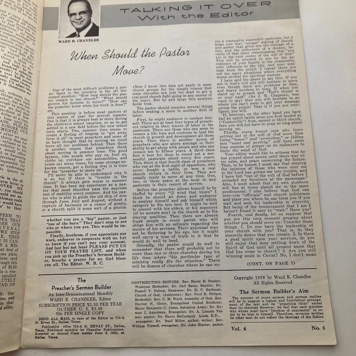 Inside page of VTG The Preacher's Sermon Builder Magazine - August 1958, written by Ward B. Chandler discussing pastoral challenges and sermon delivery.