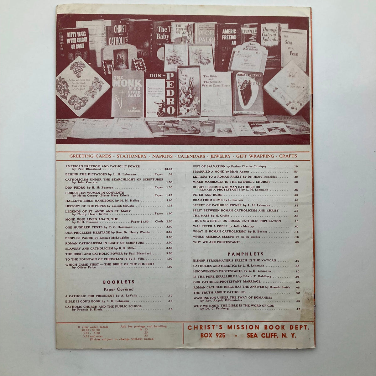 Back cover of the VTG Christian Heritage Magazine September 1959, displaying various pamphlets and books available from Christ's Mission.