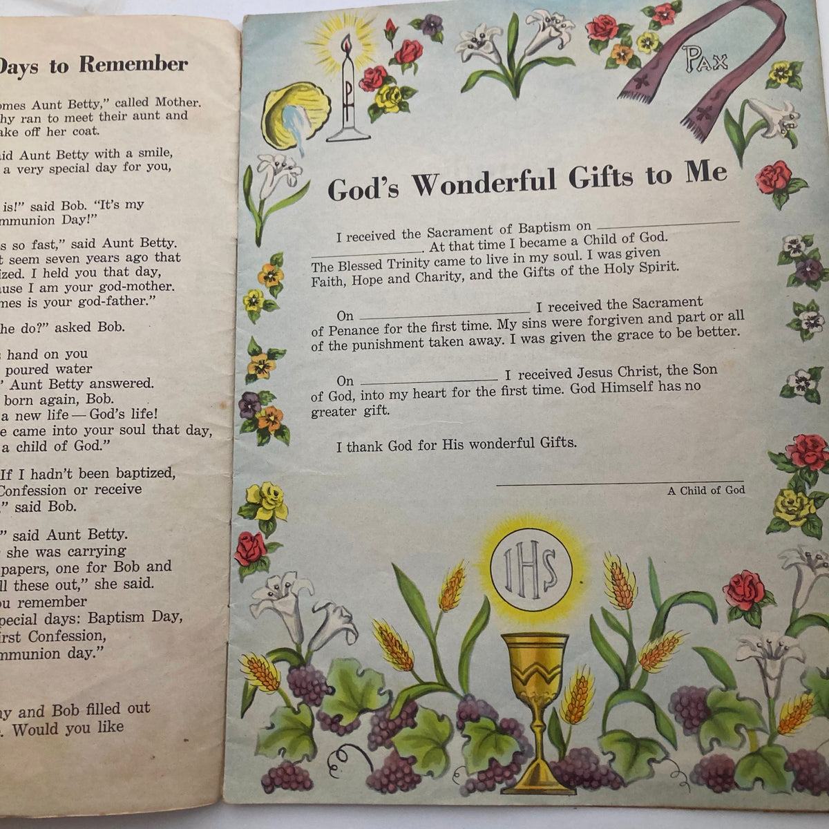 Inside page of VTG Mine Junior Catholic Magazine June 1959 displaying the section titled 'God's Wonderful Gifts to Me,' with illustrations of religious symbols and a child's story about sacraments.