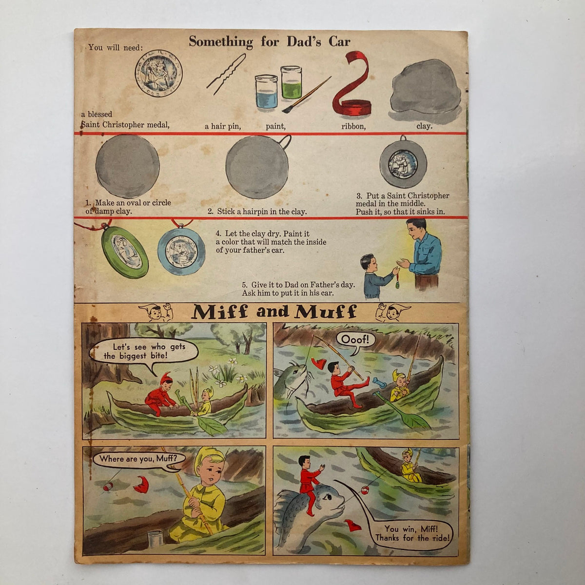 Back page of VTG Mine Junior Catholic Magazine June 1959 featuring instructions for a craft related to Father's Day, illustrated with images and a comic strip 'Miff and Muff' about fishing.