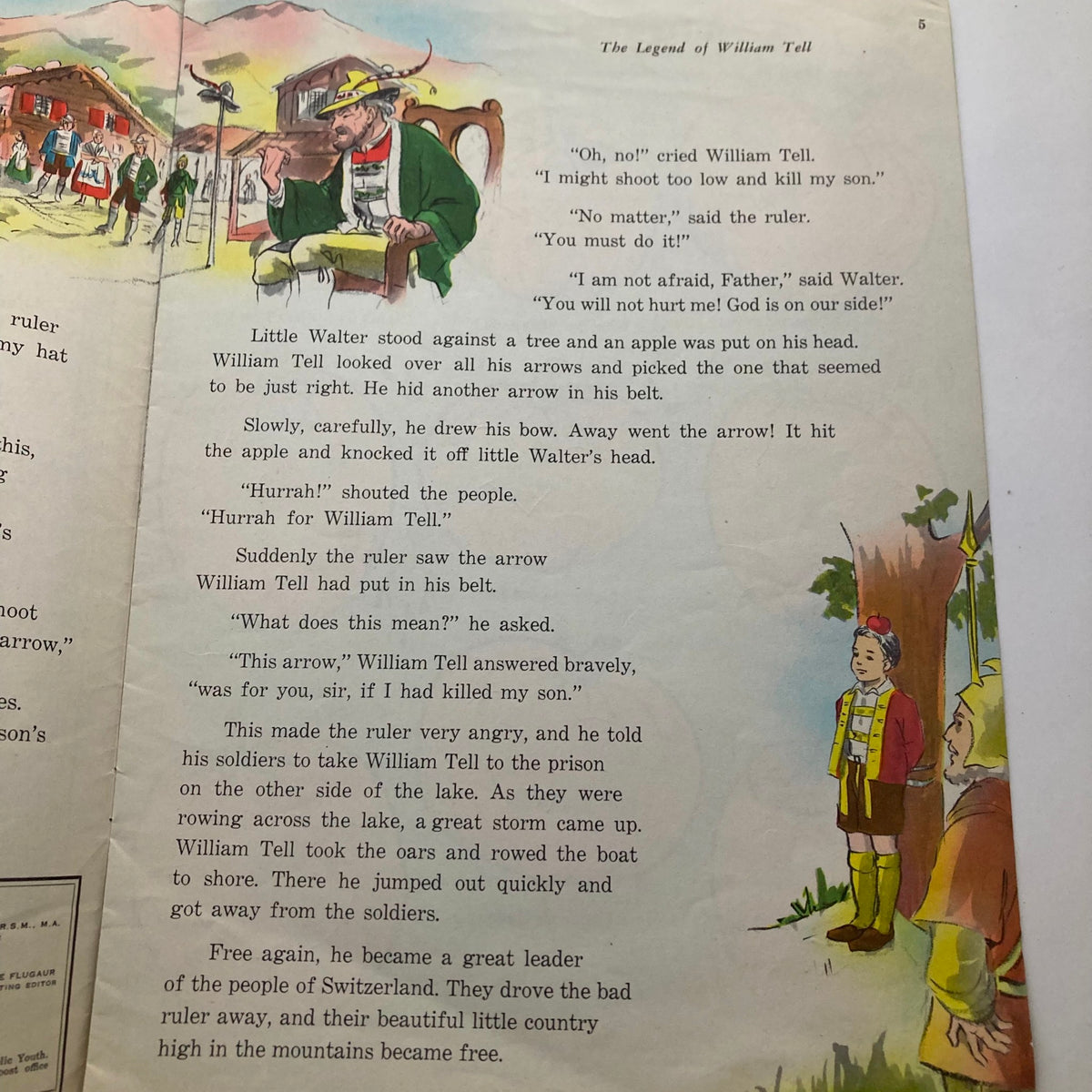 Page from the Mine A Catholic Juvenile Magazine October 1959 depicting the 'Legend of William Tell', showcasing an illustration of William Tell aiming at an apple on a child's head.