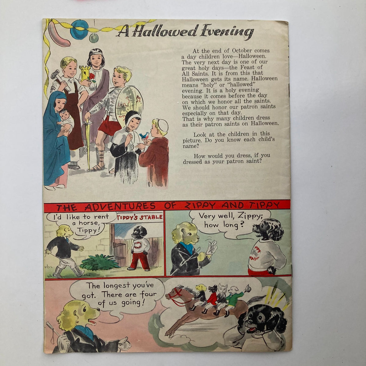 Mine A Catholic Juvenile Magazine October 1959 cover featuring a Halloween theme illustration titled 'A Hallowed Evening' with children in costumes, showcasing the adventures of Zippy and Tippy.