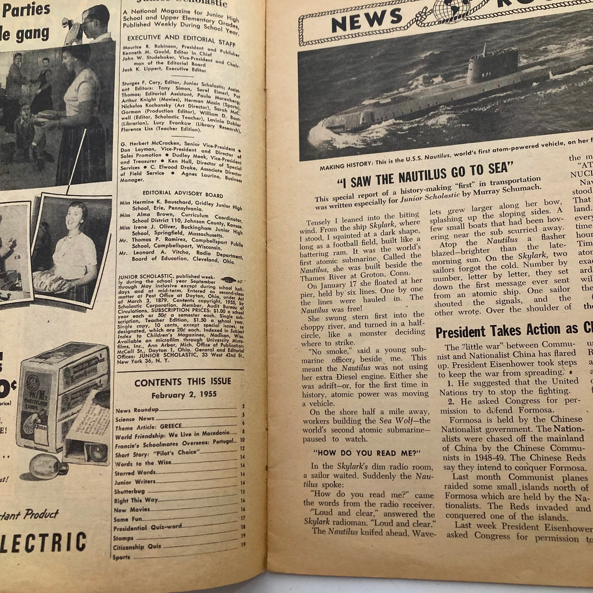 Inside page of VTG Junior Scholastic Magazine February 2 1955 showcasing editorial content and news roundup section