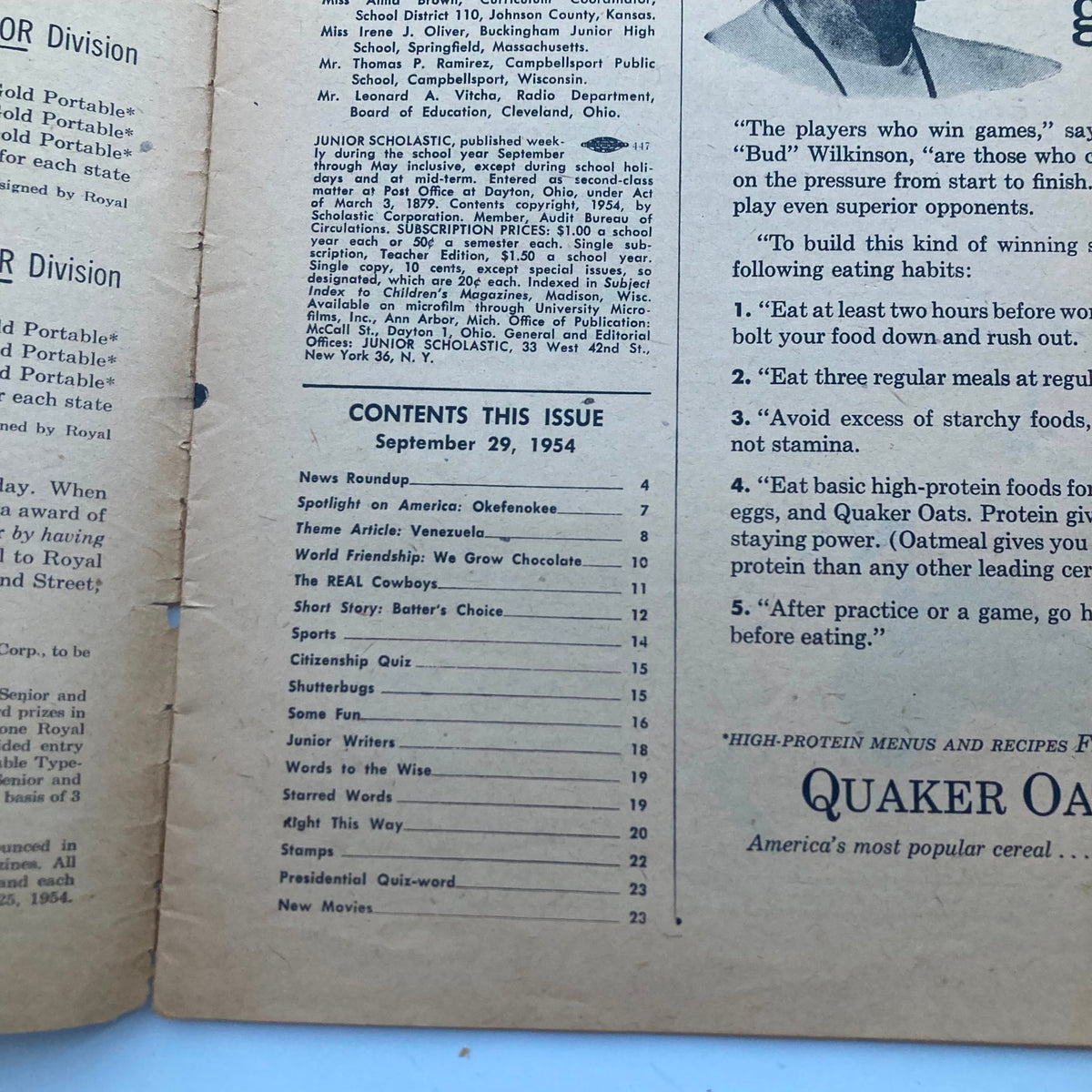Inside content page of VTG Junior Scholastic Magazine September 29 1954, detailing articles including a theme article on Venezuela and other features.