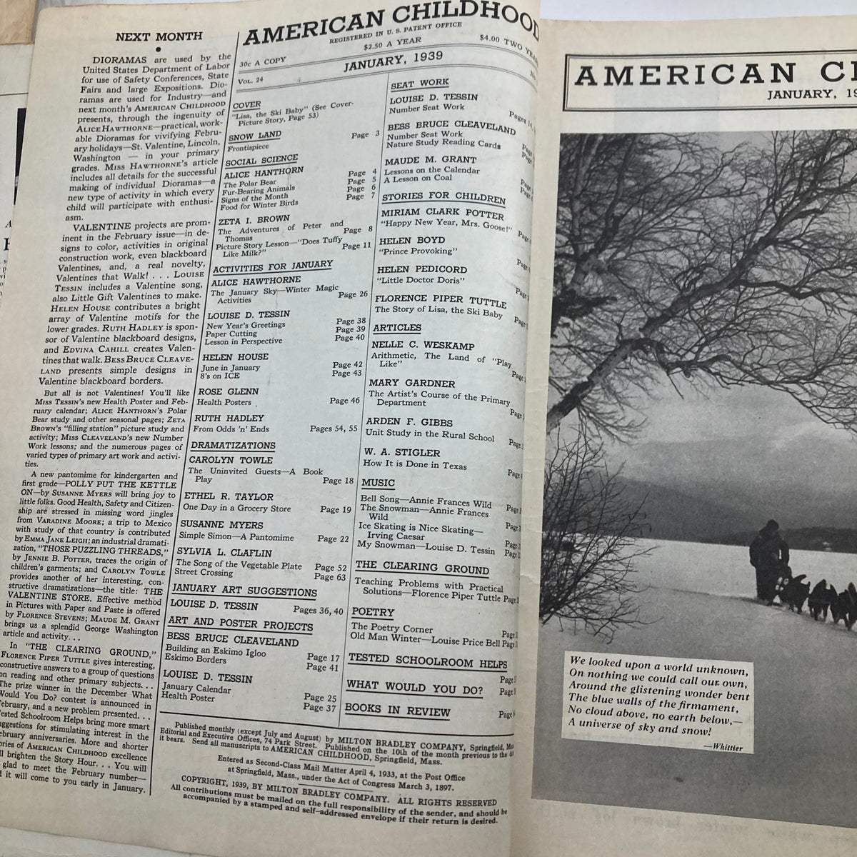 Inside pages of VTG American Childhood Magazine January 1939 showcasing the table of contents and various articles that reflect the educational and cultural themes of the era.