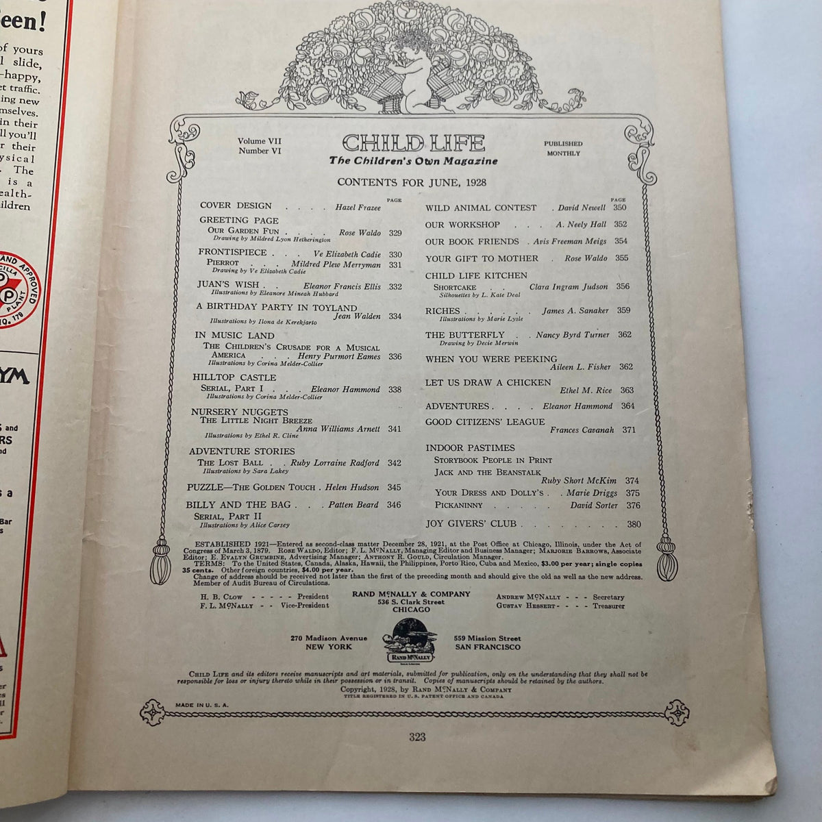 Contents page of the VTG Child Life Magazine June 1928, showcasing articles and illustrations related to children's literature.
