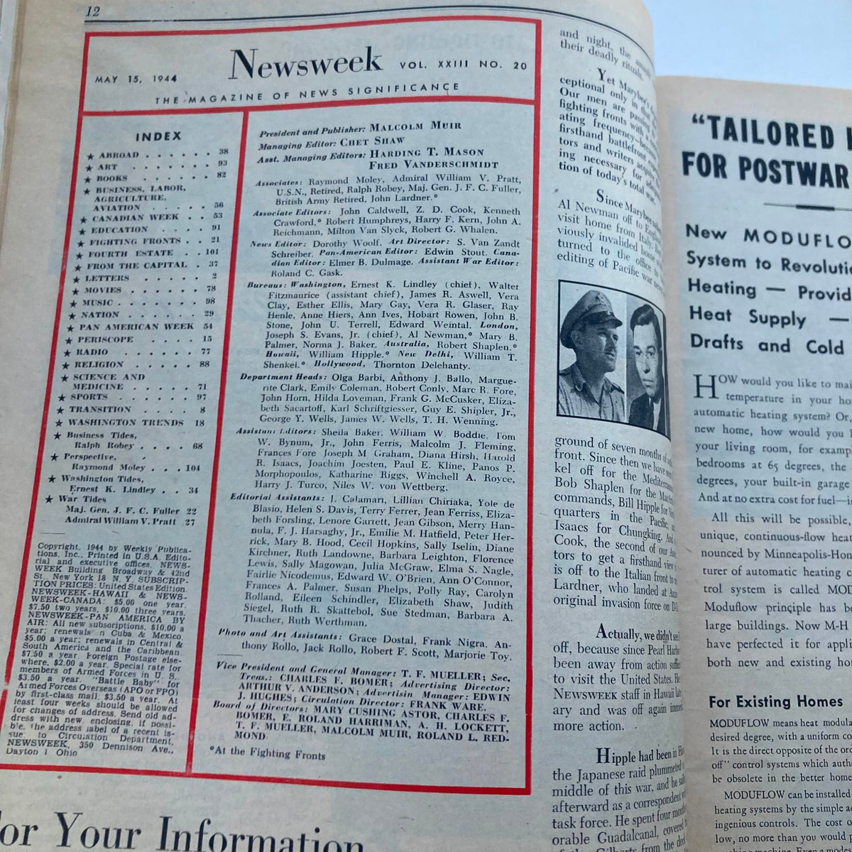 Inside page of VTG Newsweek Magazine May 15 1944 displaying the index and editorial information of the publication.