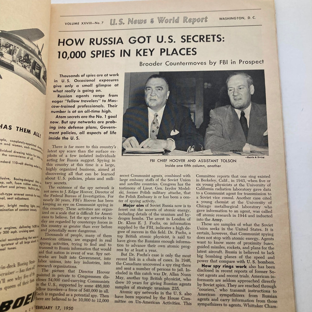 Interior page of US News & World Report Magazine from February 17, 1950, detailing espionage efforts in the U.S. with J. Edgar Hoover prominently featured alongside Assistant Tolson.