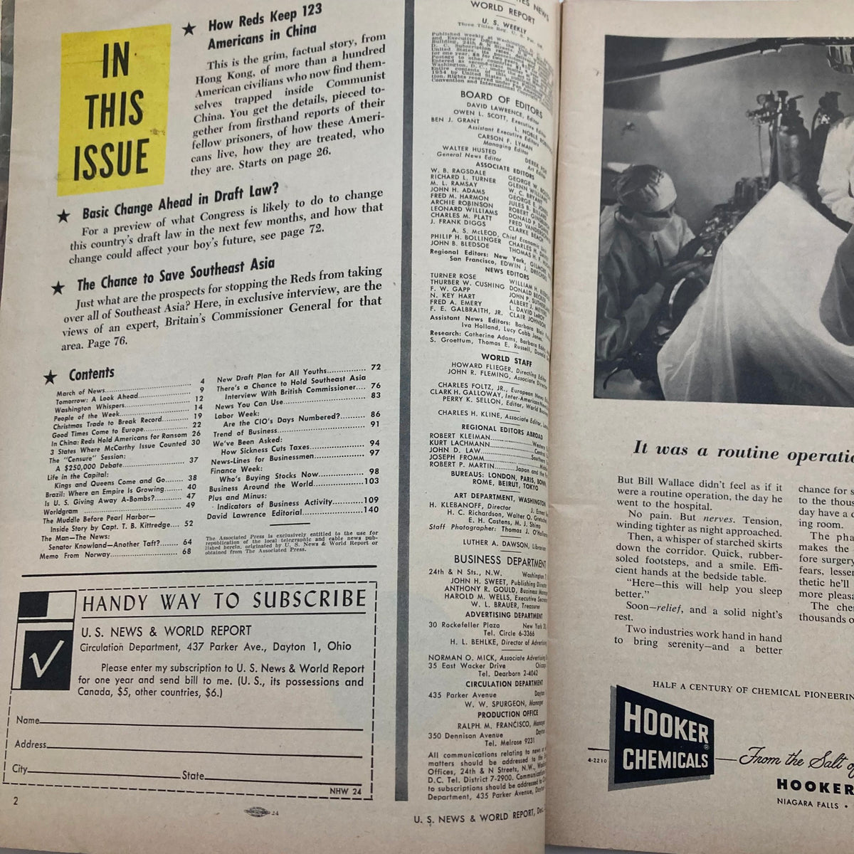 Interior page of the US News & World Report Magazine, December 3, 1954, showing table of contents and articles including 'How Reds Keep 123 Americans in China' and 'The Chance to Save Southeast Asia'.