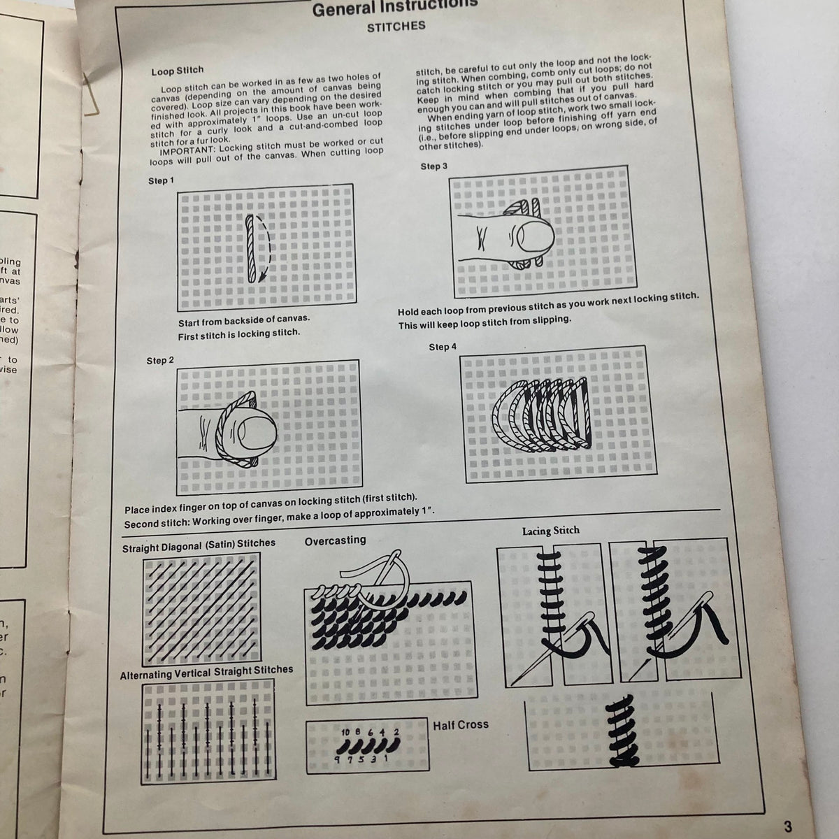 General instructions and stitches guide for "Miss Year" Needlework on Plastic Canvas Woodland Animals by Sue Penrod, featuring illustrations for loop stitch, straight diagonal stitches, overcasting, lacing stitch, and half cross.