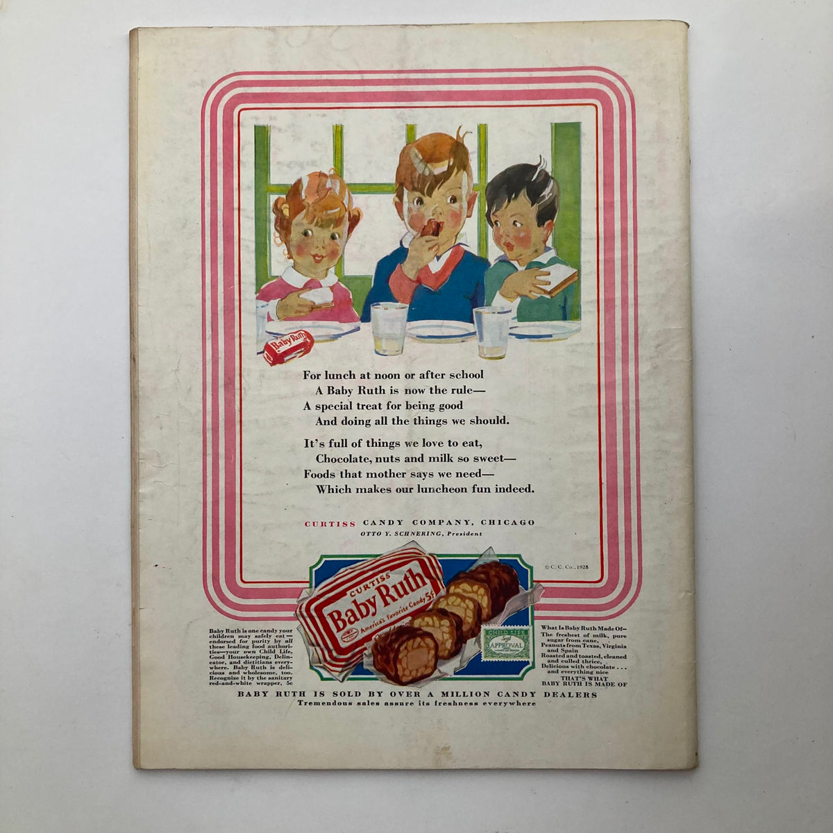 Back cover of VTG Child Life Magazine September 1928 Volume 7 Number 9 featuring an advertisement for Baby Ruth candy, highlighting the charming illustrations related to childhood.