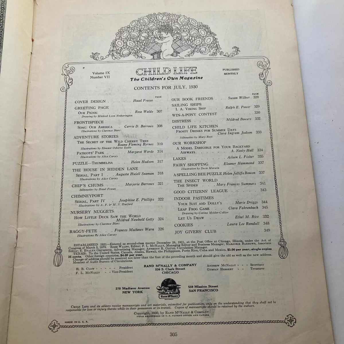 Inside page of VTG Child Life Magazine July 1930 Vol 9 No. 7, displaying the table of contents with various stories and activities celebrating childhood.