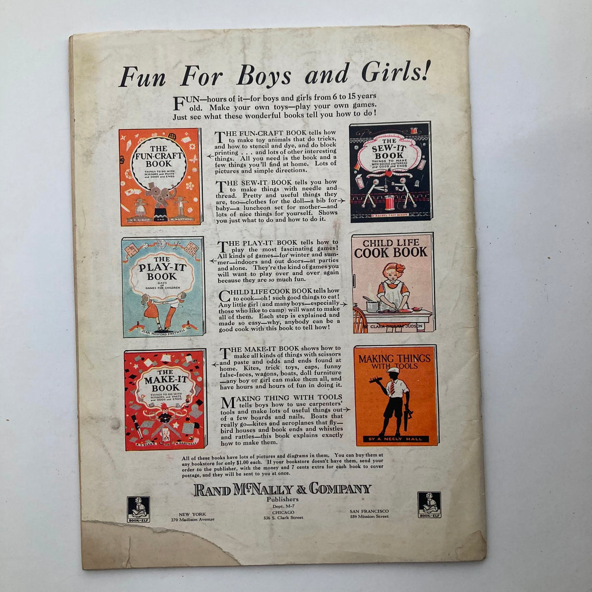 Back cover of VTG Child Life Magazine July 1930 Vol 9 No. 7, highlighting fun children's books and activities for boys and girls.