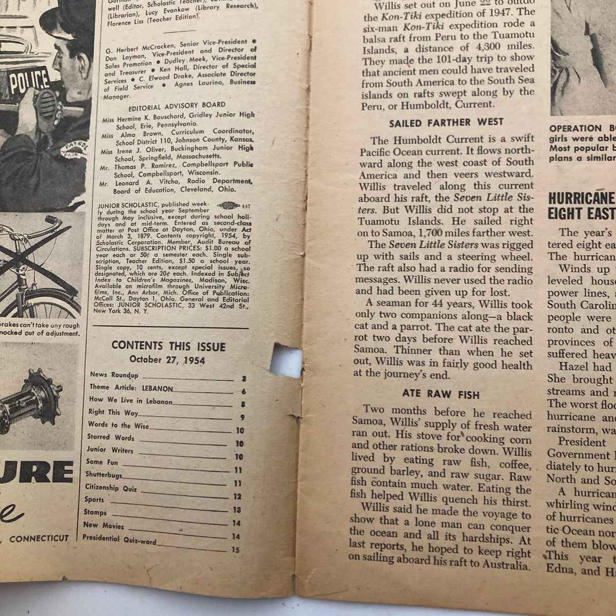 Inside page of Junior Scholastic Magazine dated October 27, 1954 detailing contents and articles, reflecting mid-century design and educational themes.