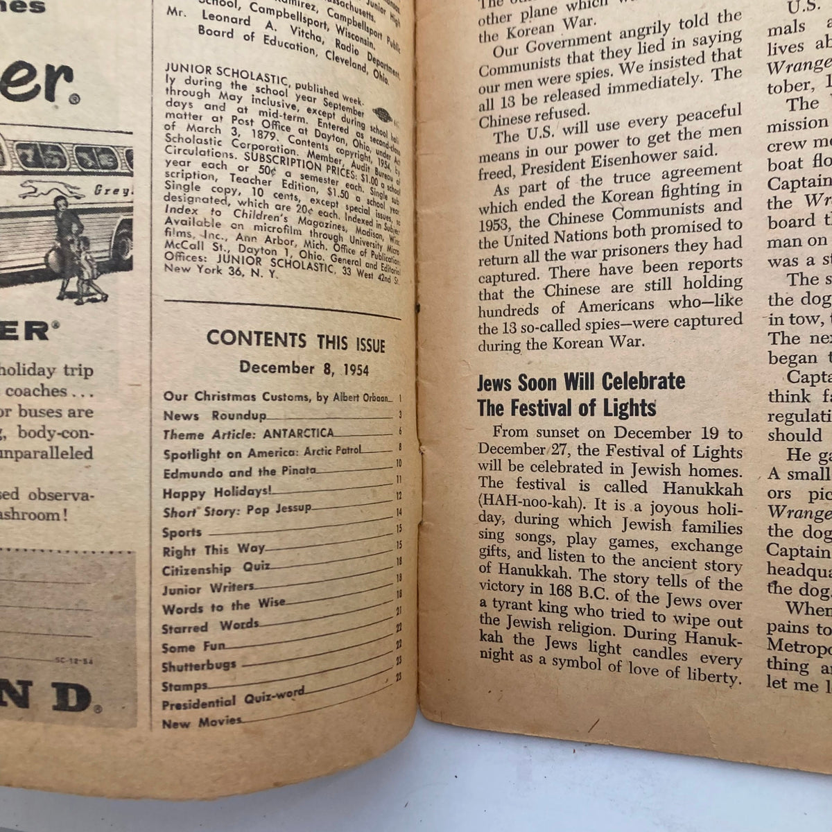 Interior page of VTG Junior Scholastic Magazine December 8, 1954, showcasing the contents and articles, including 'Our Christmas Customs.'