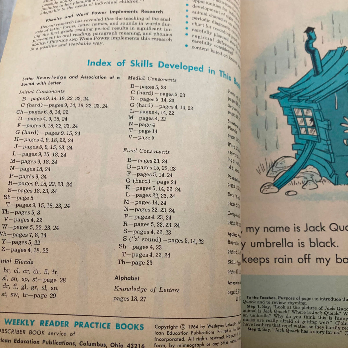 Inside page of VTG 1964 Phonics and Word Power My Weekly Reader Practice Books Program 1 showing the index of skills developed in the book.