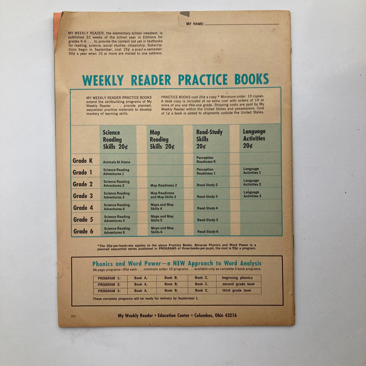 Back cover of VTG 1964 Phonics and Word Power My Weekly Reader Practice Books Program 1 with details about other practice books and educational resources.