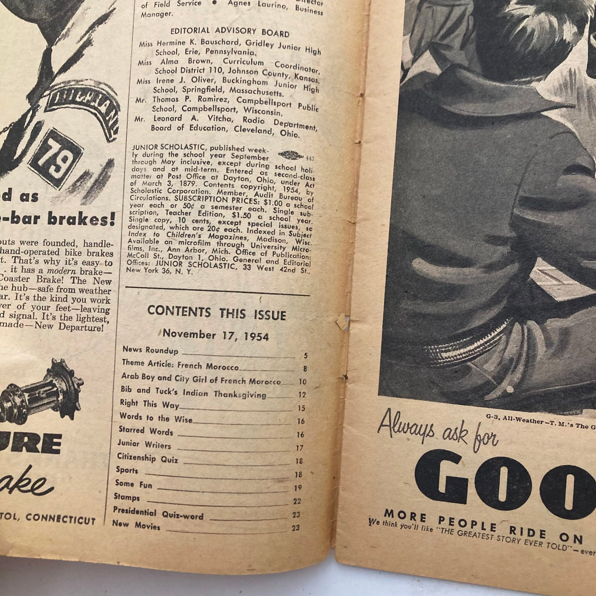 Inside page of VTG Junior Scholastic Magazine November 17, 1954, featuring editorial details and table of contents for this unique vintage publication.