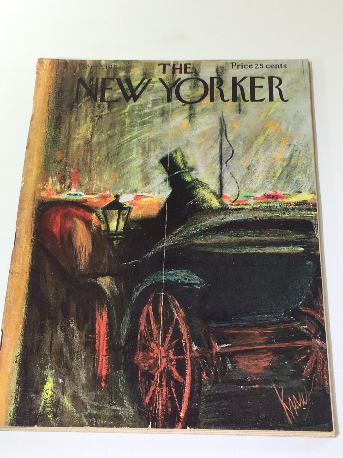 Cover of The New Yorker magazine from December 2, 1961, featuring artwork by Robert Kraus, depicting a shadowy figure by a lantern, with a vintage carriage wheel visible.