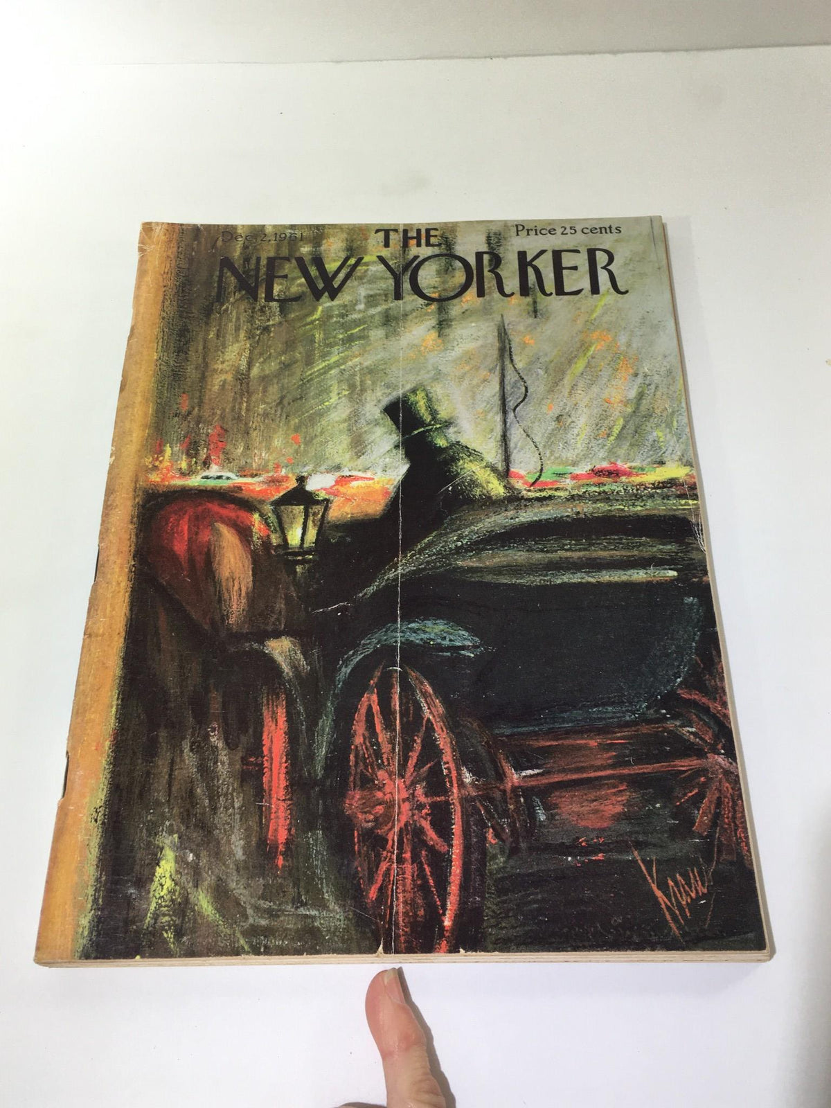 December 2, 1961 cover of The New Yorker magazine illustrated by Robert Kraus, showcasing a mysterious silhouette beside a lamp, detailed with a vintage carriage wheel in the foreground.
