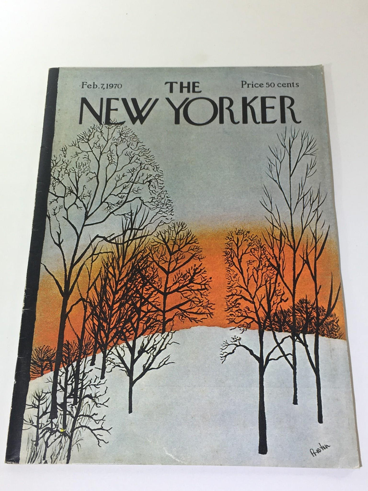 Cover of The New Yorker magazine from February 7, 1970 featuring a vivid illustration of trees in a snow-covered landscape and an orange sky, designed by David Preston.
