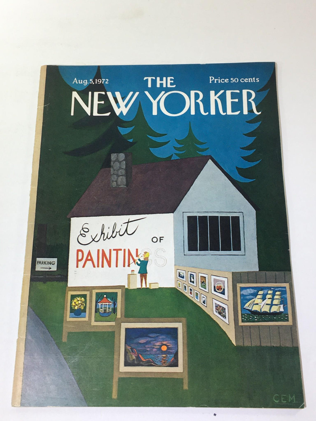 The New Yorker: August 5 1972 - Full Magazine cover featuring an exhibit of paintings with vibrant artwork and a woman painting outside.