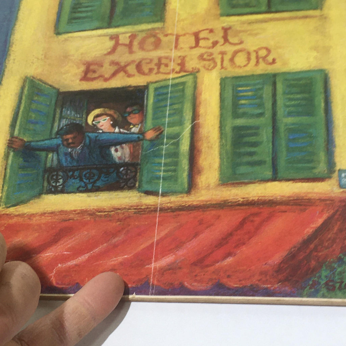 Close-up of The New Yorker: August 15 1959 Full Magazine cover by Beatrice Szanton, displaying vibrant art of figures at a hotel window with green shutters.