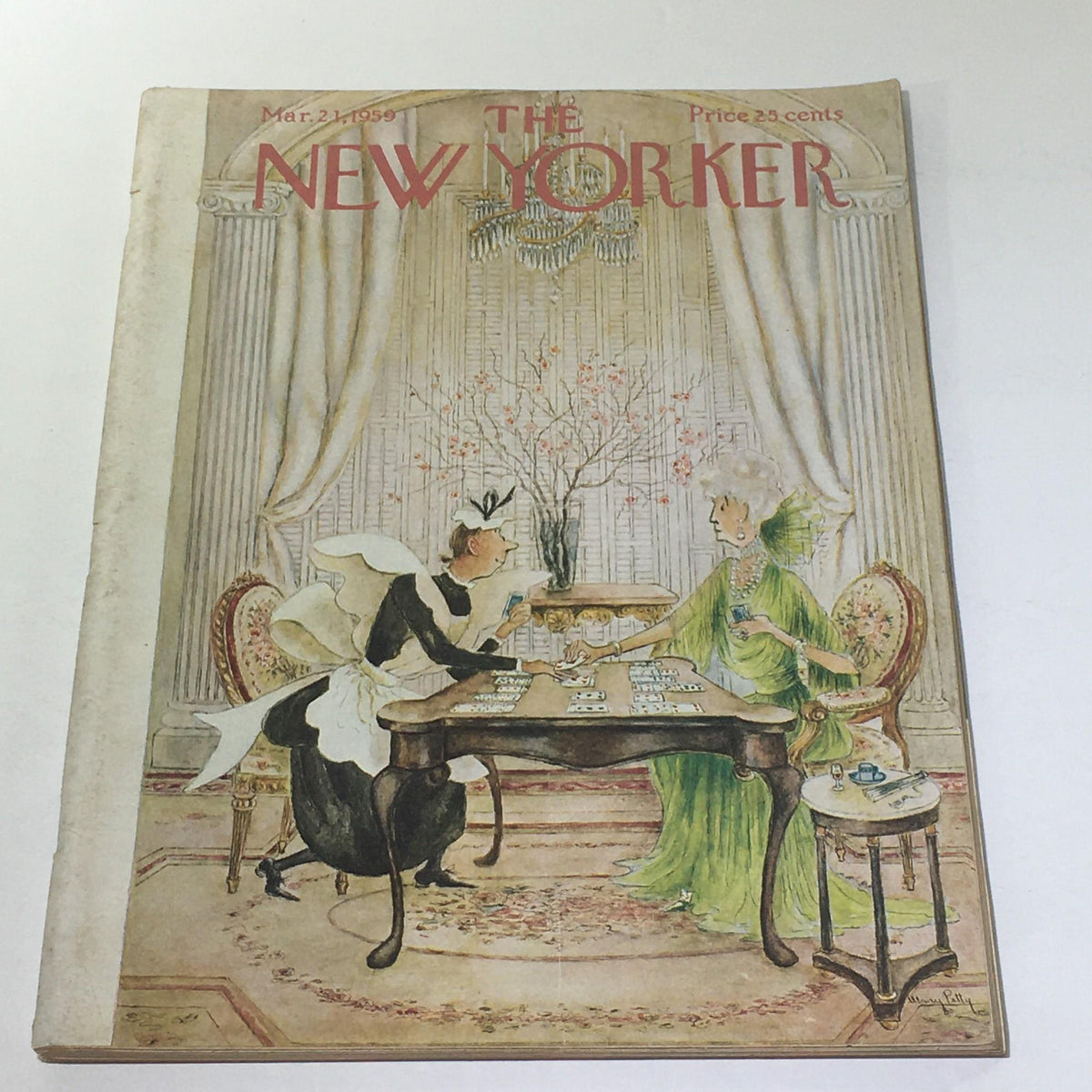 Cover art of The New Yorker magazine from March 2, 1959, illustrated by Mary Petty, featuring a maid and a lady conversing at a table with a floral background.