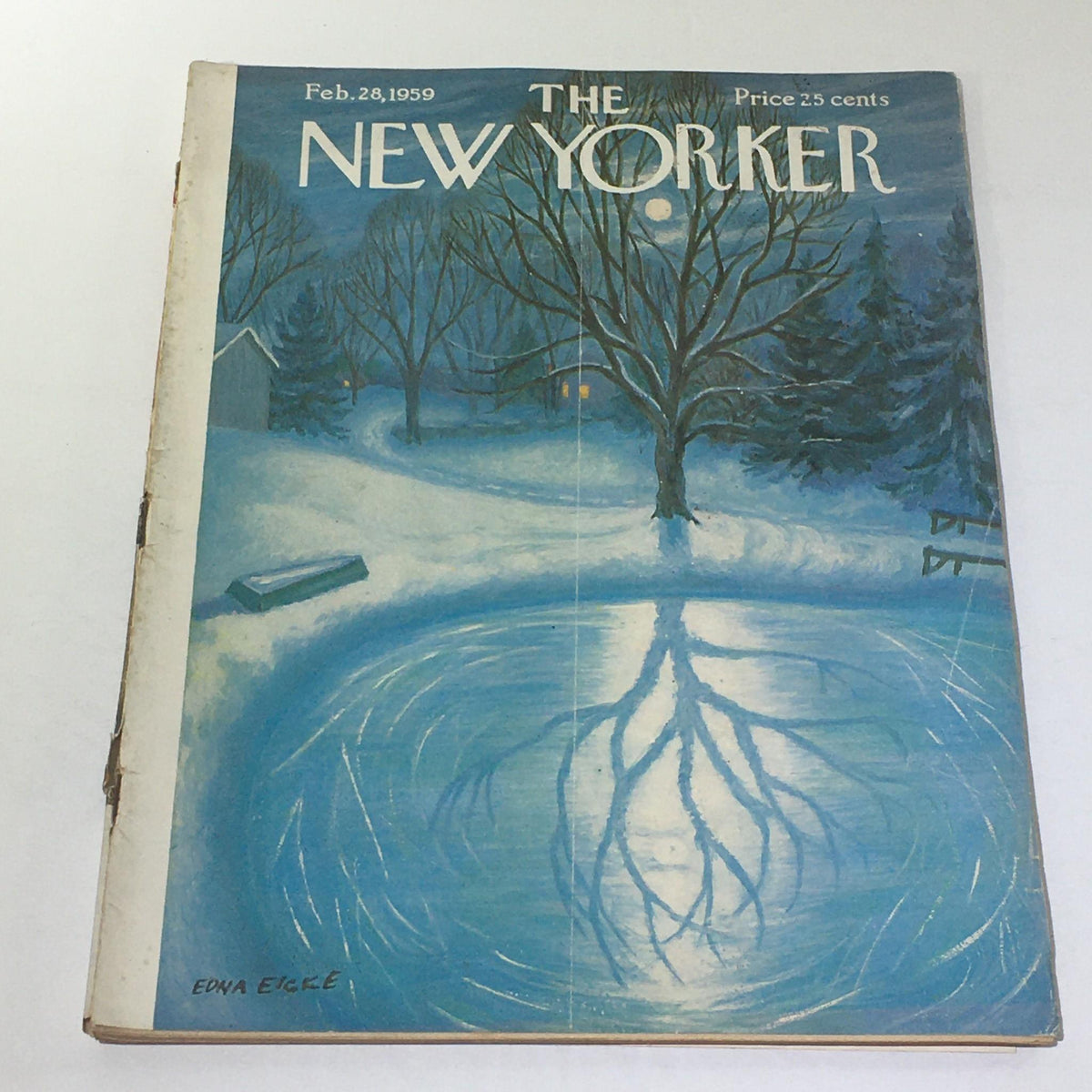 Cover of The New Yorker: February 28, 1959 featuring a winter scene by Edna Eicke, showcasing snow-covered trees and a shimmering pond.