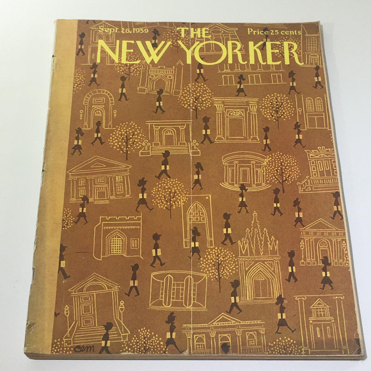 The New Yorker: September 26 1959 Full Magazine cover featuring a vintage design with illustrations of people walking and various buildings, beautifully representing the era's artistic style by Charles E. Martin.