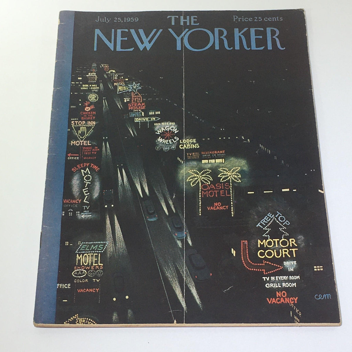 Cover of 'The New Yorker: July 25 1959' magazine by Charles E. Martin, featuring a nighttime scene of a highway illuminated by motel neon signs.