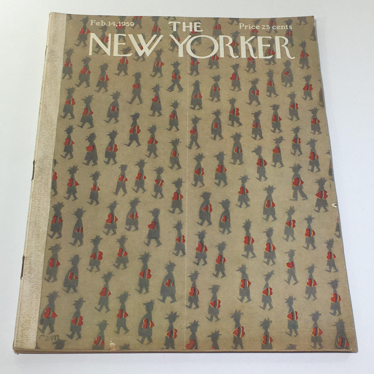 Cover of The New Yorker: February 14 1959 Full Magazine featuring iconic art by Charles E. Martin, showcasing a pattern of animated figures.