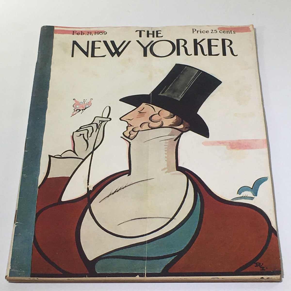 Cover of The New Yorker magazine from February 21, 1959 featuring a stylized man in a top hat, showcasing distinctive artwork by Rea Irving.