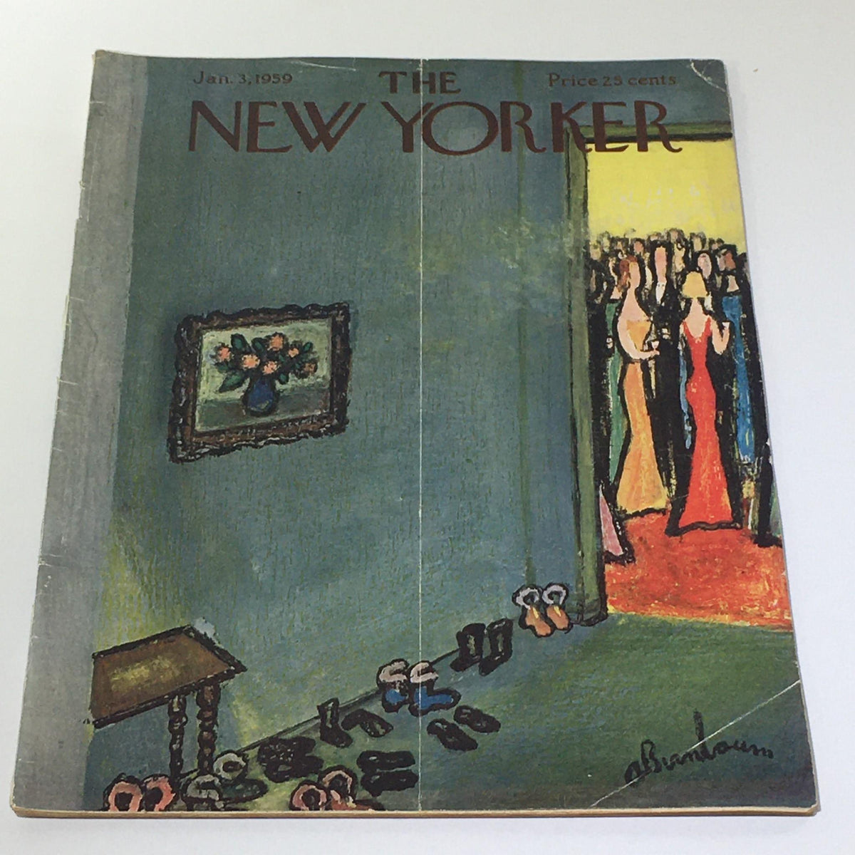 The New Yorker: January 3 1959 Full Magazine cover by Abe Birnbaum featuring an artistic depiction of a party scene with various shoes lined up in front of a door.