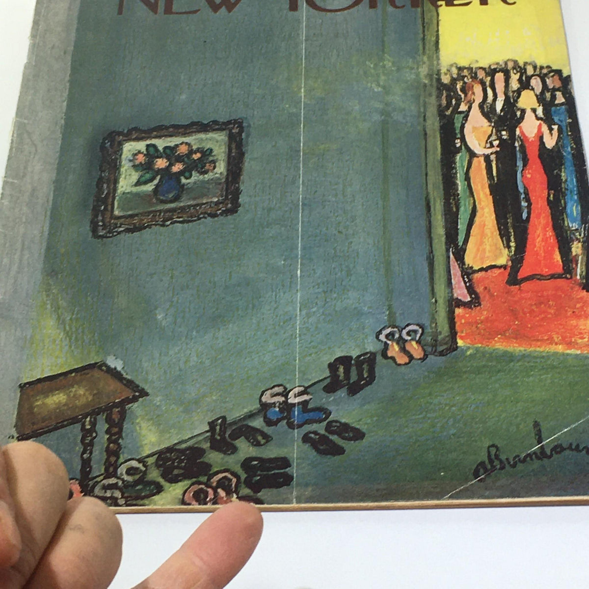 Close-up view of The New Yorker: January 3 1959 Full Magazine cover, showcasing the detailed artwork by Abe Birnbaum, which highlights shoes and a vibrant party scene.