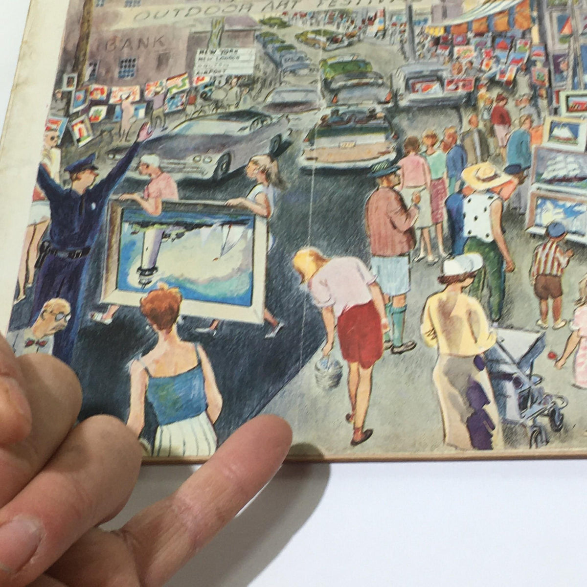 The New Yorker: August 29, 1959 Full Magazine cover illustration depicting an outdoor art festival with people browsing artwork, cars parked along the street, and a police officer directing traffic, representing mid-20th century culture.
