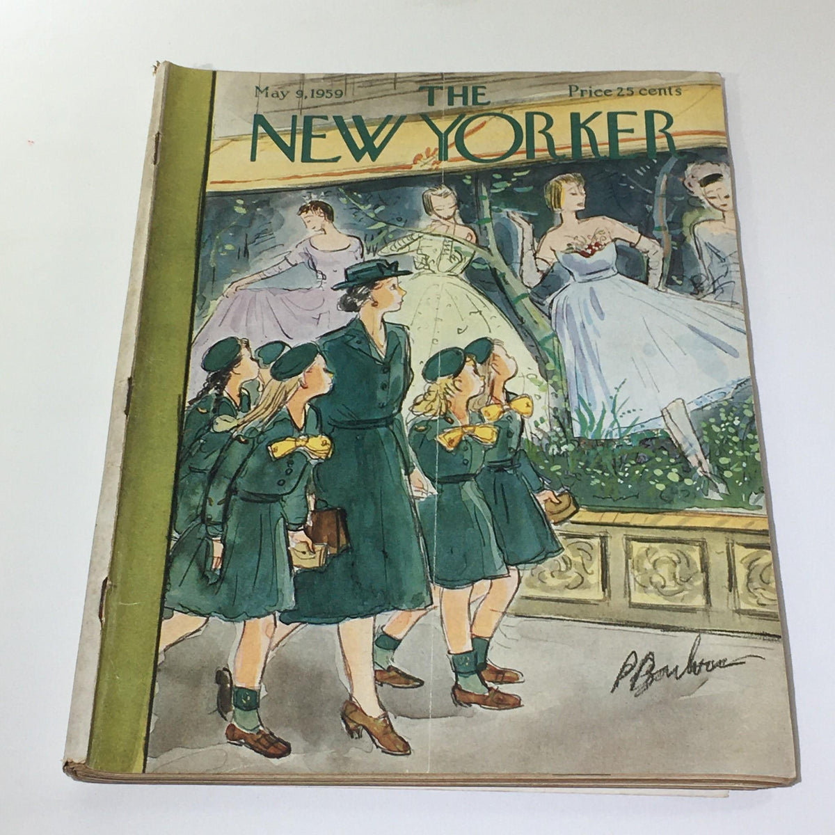 Cover of The New Yorker magazine from May 9, 1959, featuring a watercolor illustration by Perry Barlow depicting a group of young girls in green dresses and hats admiring fashion designs in a store window.