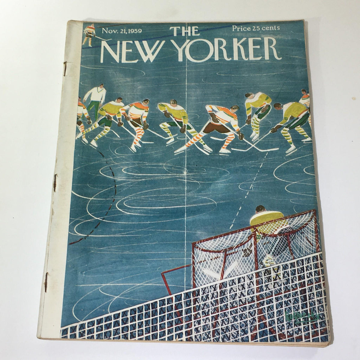 Cover of The New Yorker magazine dated November 21, 1959, featuring an illustration of ice hockey players on a blue background, showcasing vintage artwork by Anatol Kovarsky.